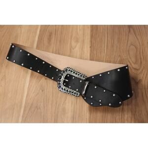Leatherock Studded Black Leather Belt Asymmetrical Wide Statement Belt with Gems